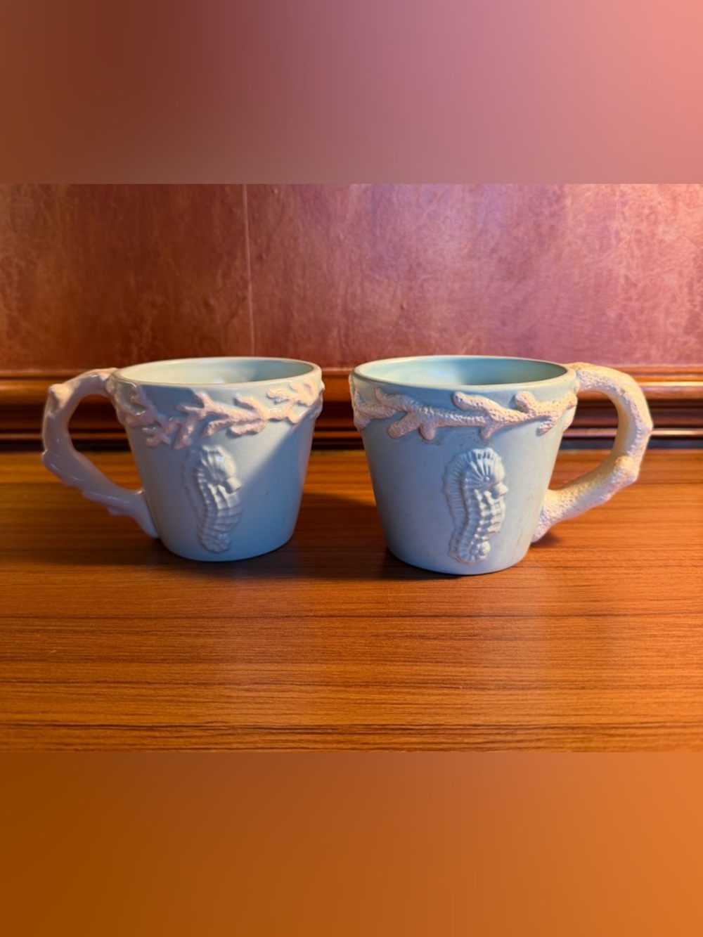 Mud Pie Seahorse Coffee Mugs Set of 2 Seafoam Green White Coral Handle Nautical